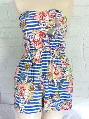 Romper Blue Stripe Floral Print Strapless Shorts